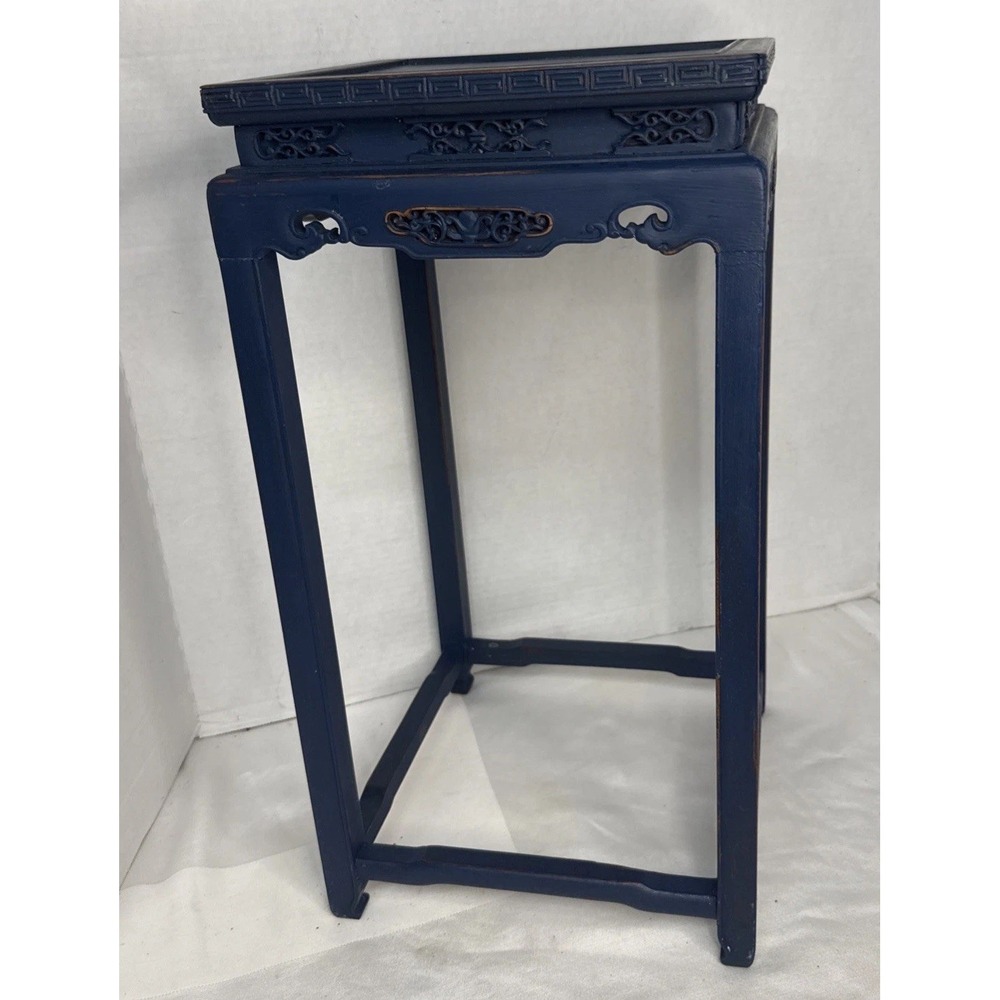 Vintage Chinoiserie Distressed Blue Plant Stand Pedestal Carved Table MCM Asian